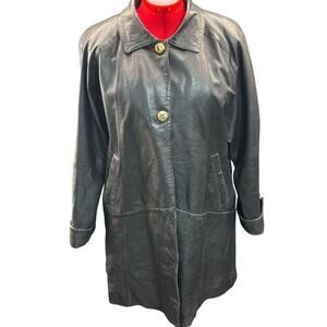 Hillary Paige Vintage 80s 90s 2 Gold Button Black Leather Trench Coat Women PL